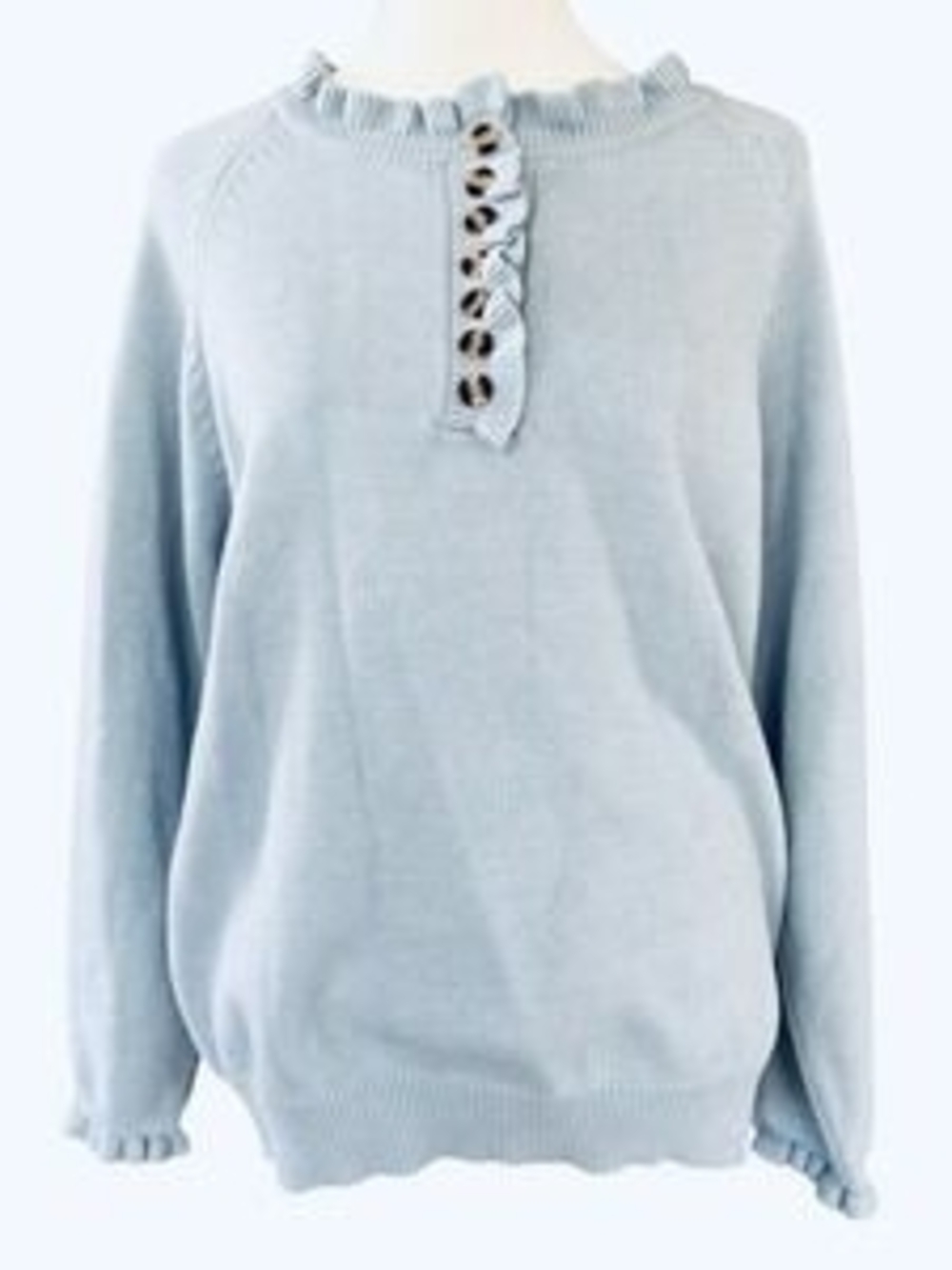 Ruffled Henley Neck Light Blue Sweater